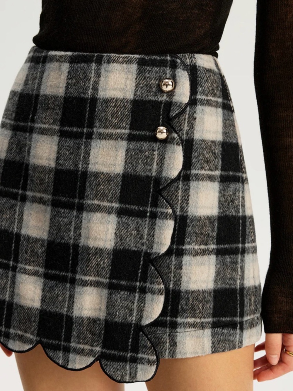 Commense Black & White Plaid Scalloped Mini Skirt